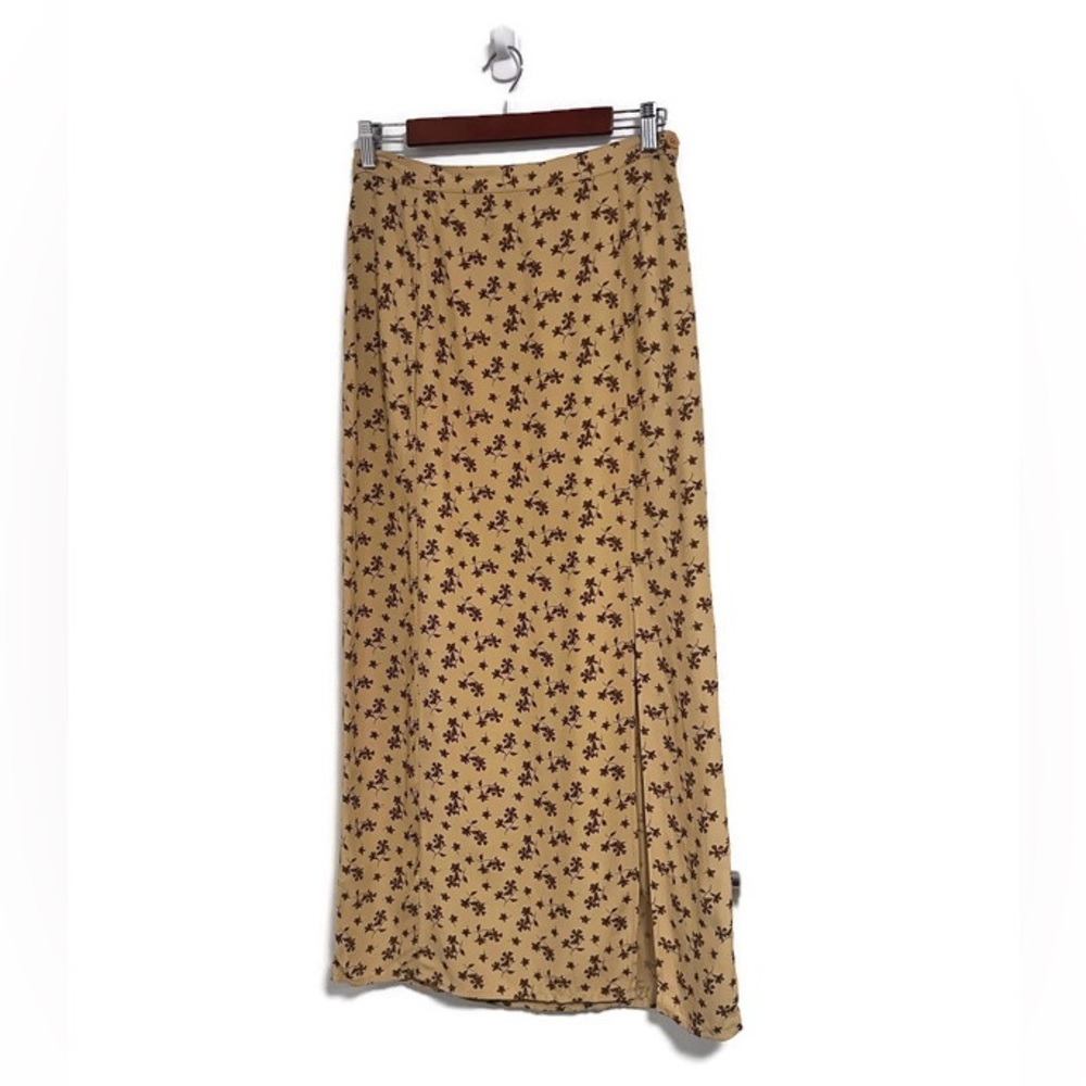 NWT Gap long skirt, size 10, mustard with brown floral, front slit to knee.